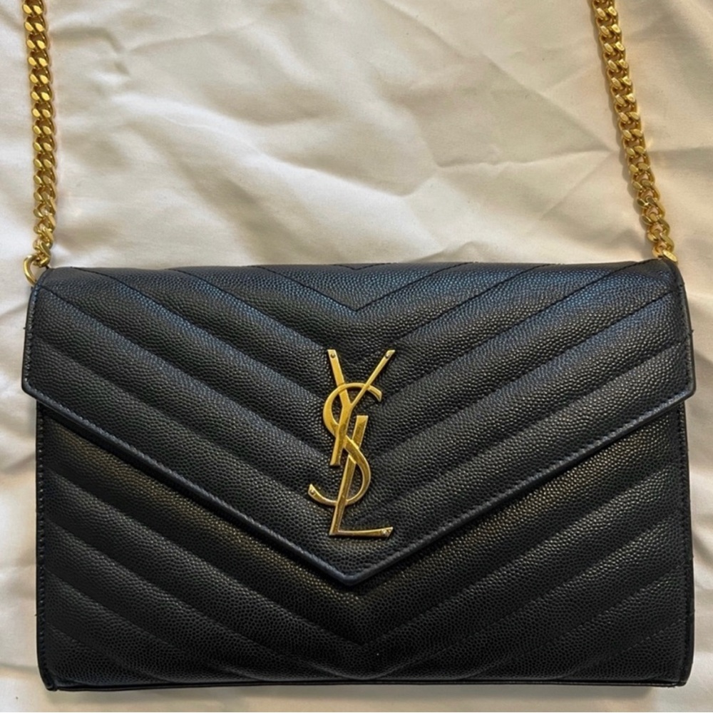 Saint Laurent Classic Monogram Wallet On Chain Matelasse Chevron Leather Medium